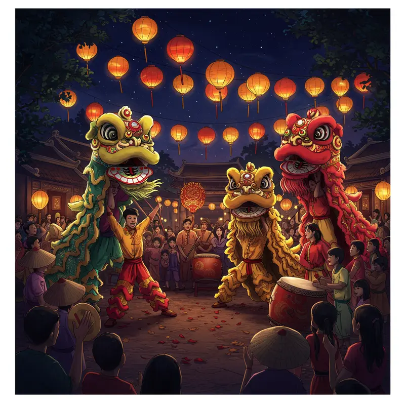 Trẻ em Việt Nam rước đèn Trung Thu dưới ánh trăng rằm truyền thống