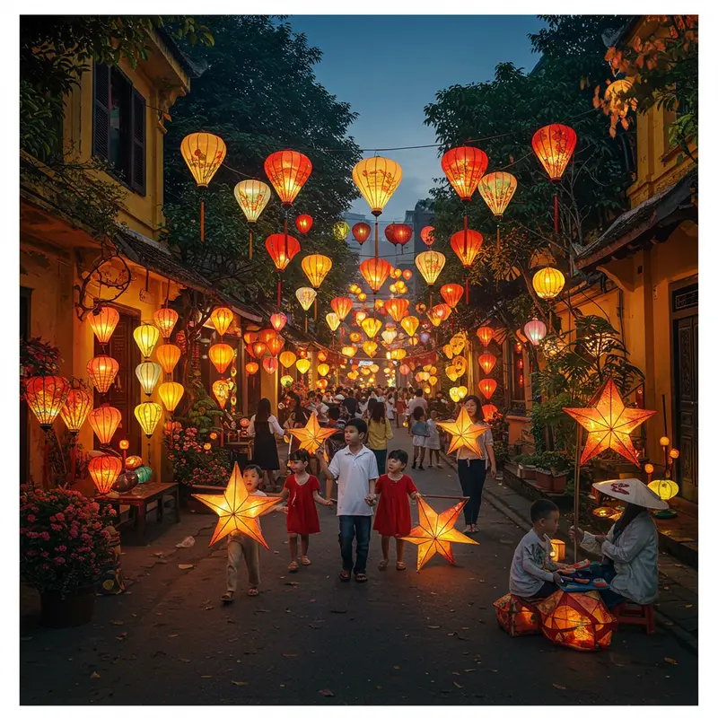 Phố Hàng Mã vào buổi tối với nhiều đèn lồng giá giấy sáng rực và người dân vui chơi ngày Trung Thu.