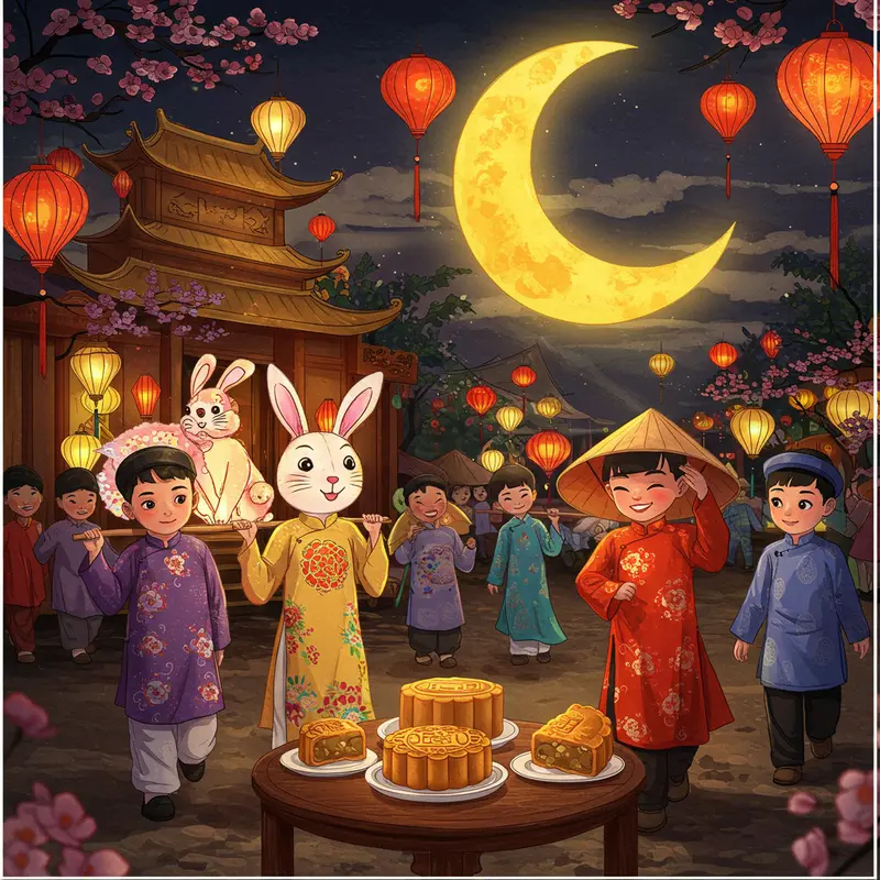 Bối cảnh làng cổ Việt Nam dưới ánh trăng tròn huyền ảo của truyền thuyết Chị Hằng và Hậu Nghệ