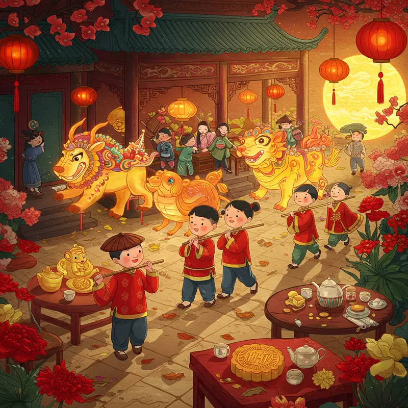 Trẻ em Việt Nam rước đèn Trung Thu dưới ánh trăng rằm truyền thống