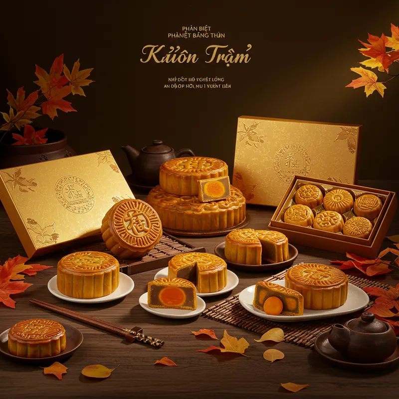 Món bánh Trung Thu chính hãng đẹp mắt được bày trong hộp quà sang trọng trên bàn gỗ truyền thống cùng lá mùa thu.