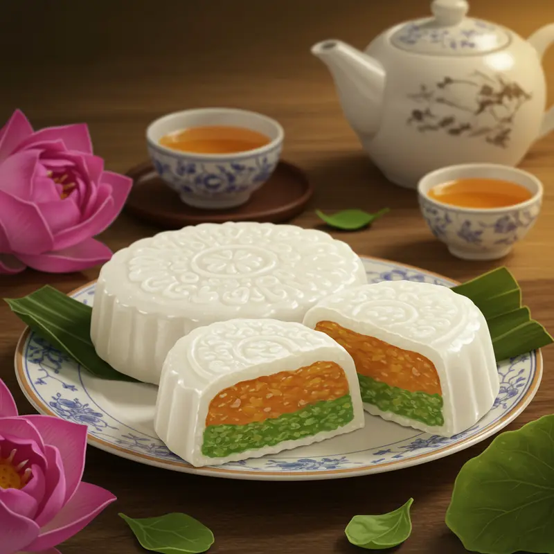 Một chiếc bánh dẻo Việt Nam màu trắng tinh xảo, cắt đôi để lộ nhân đậu xanh hạt sen, đặt trên đĩa sứ cùng hoa sen.