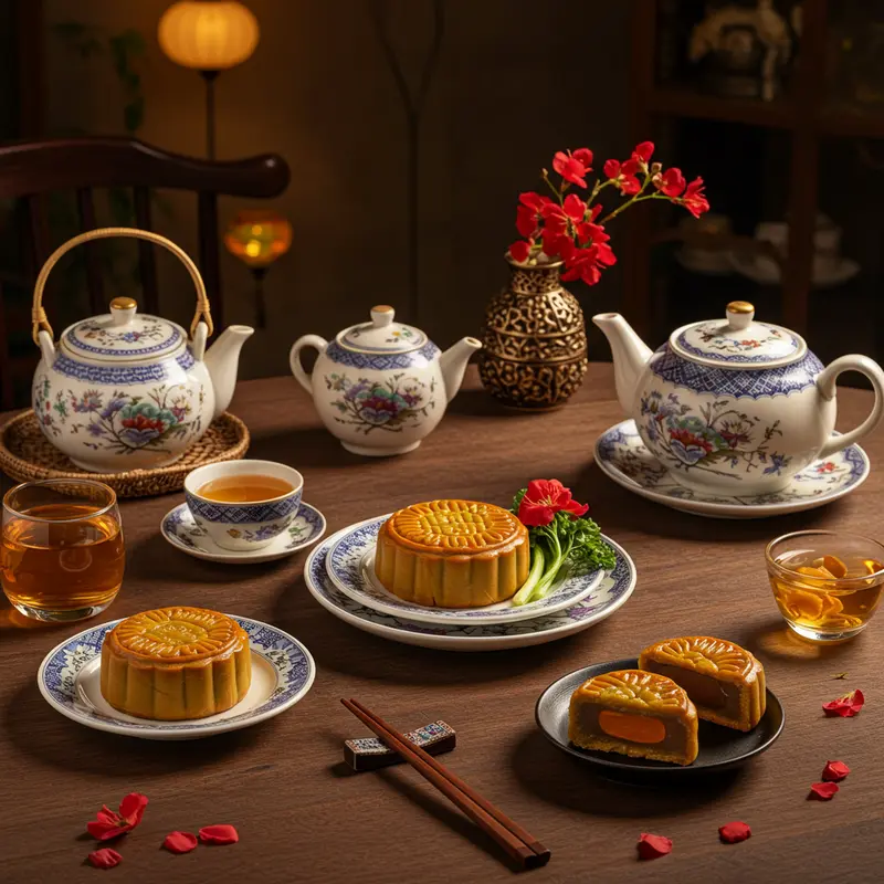 Ảnh thực tế bàn trưng bày bánh Trung Thu fusion đa dạng cùng bộ ấm chén truyền thống Á Đông và phong cách trang trí Âu sang trọng