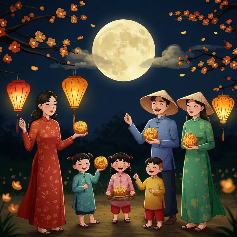 Bánh Trung Thu truyền thống Việt Nam với đèn lồng và trang trí Tết Trung Thu.