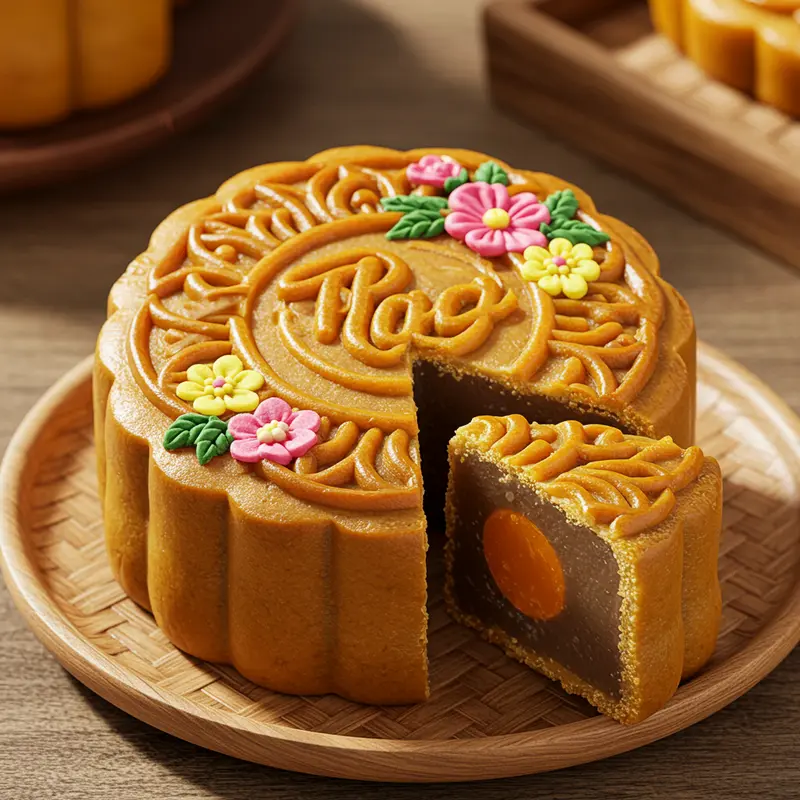 Ảnh bánh Trung Thu với họa tiết tạo hình 3D và vẽ tay đẹp mắt trong ánh sáng tự nhiên.