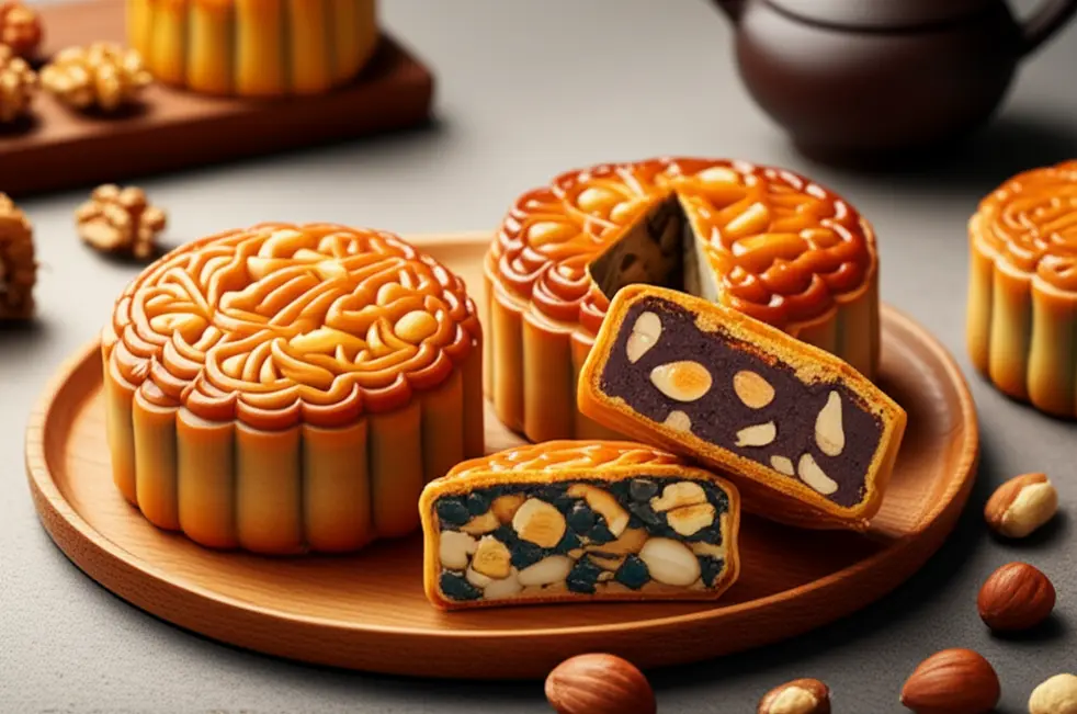 Hình ảnh gia đình truyền thống Việt Nam trong dịp Tết Trung Thu với bánh trung thu trang trí đẹp mắt.