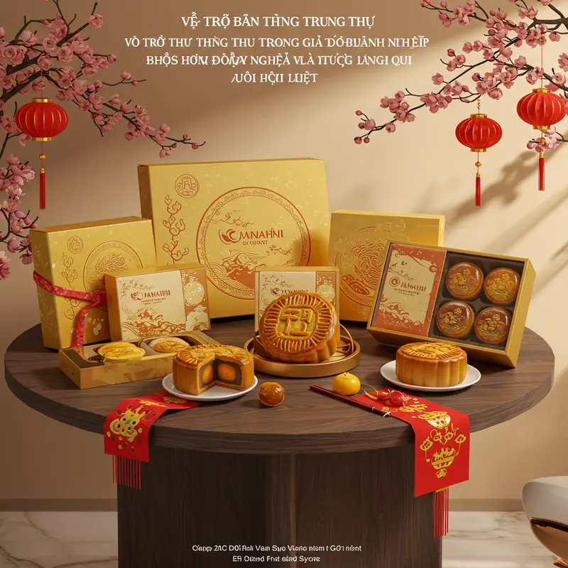 Bánh Trung Thu truyền thống Việt Nam với đèn lồng và trang trí Tết Trung Thu.