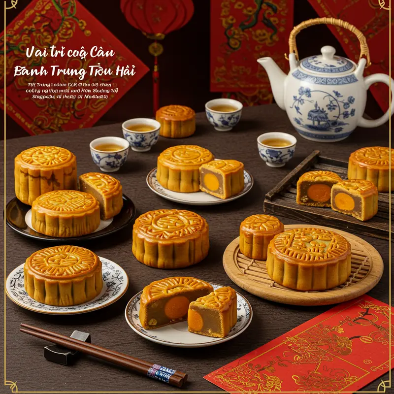 Bánh trung thu truyền thống và đèn lồng màu sắc dưới ánh trăng rằm Trung Thu