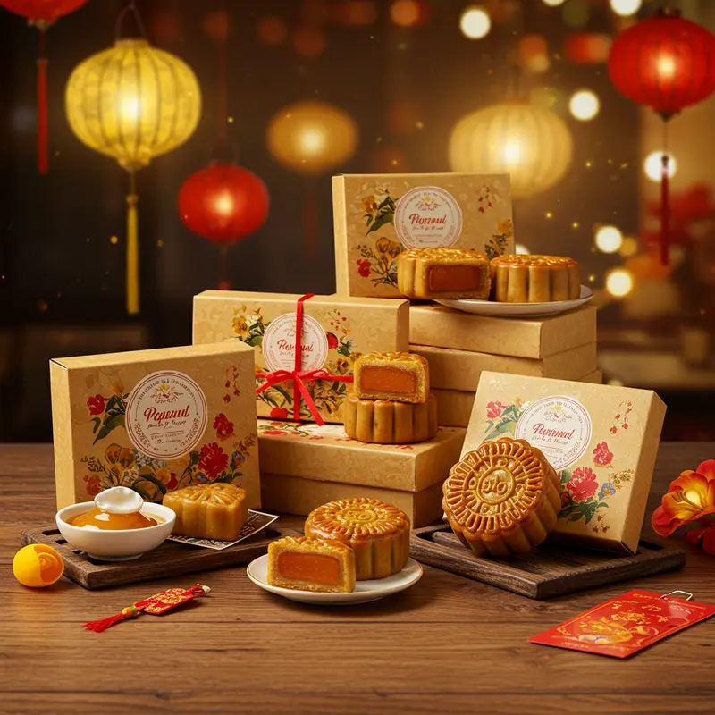 Hộp bánh Trung Thu được bày trí đẹp mắt trên bàn gỗ với đèn lồng và trang trí lễ hội Trung Thu.