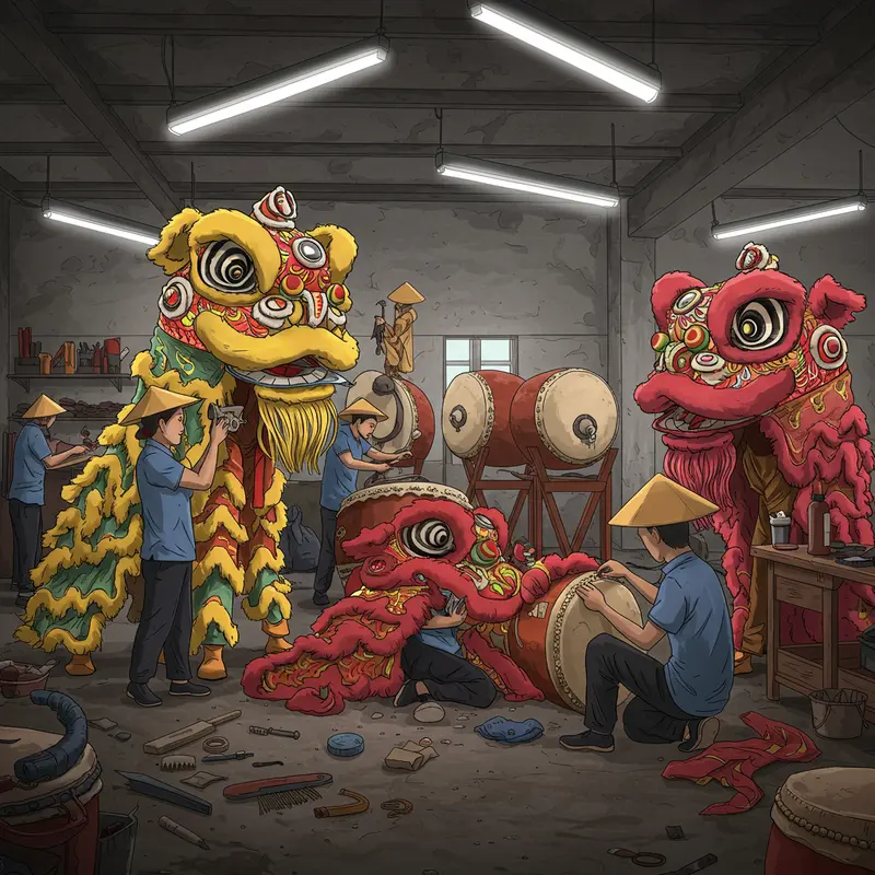 Các bộ phận cấu thành trang phục múa lân truyền thống.