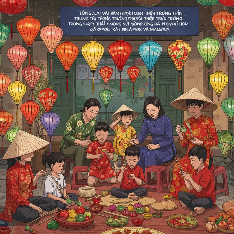 Bánh trung thu truyền thống và đèn lồng màu sắc dưới ánh trăng rằm Trung Thu