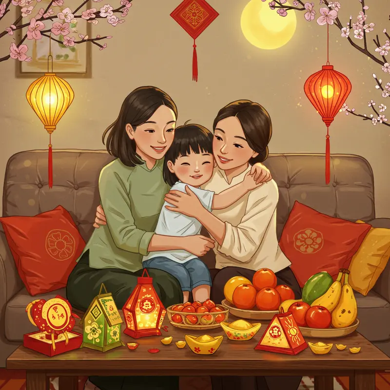 Trẻ em rước đèn trong Tết Trung Thu truyền thống dưới ánh trăng tròn.