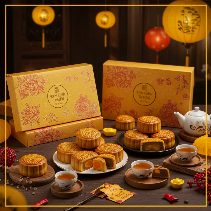 Bàn trang trí bánh Trung Thu đa dạng, hộp bánh sang trọng và đèn lồng Trung Thu trong không gian ấm áp.