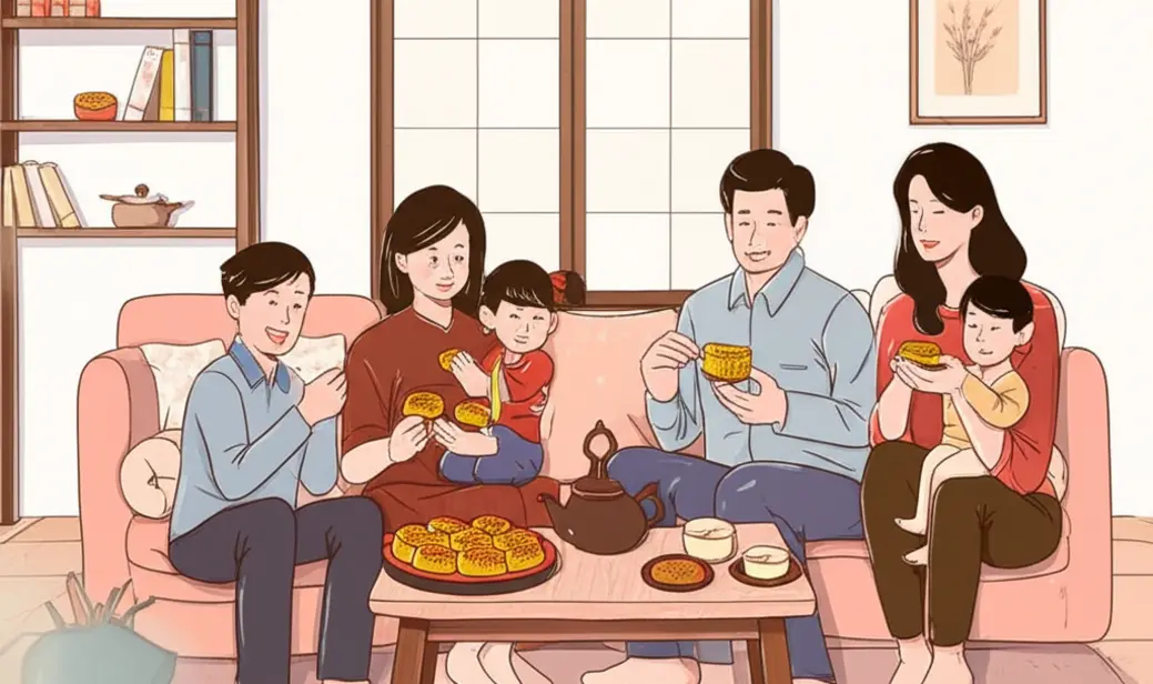 Hình ảnh gia đình truyền thống Việt Nam trong dịp Tết Trung Thu với bánh trung thu trang trí đẹp mắt.