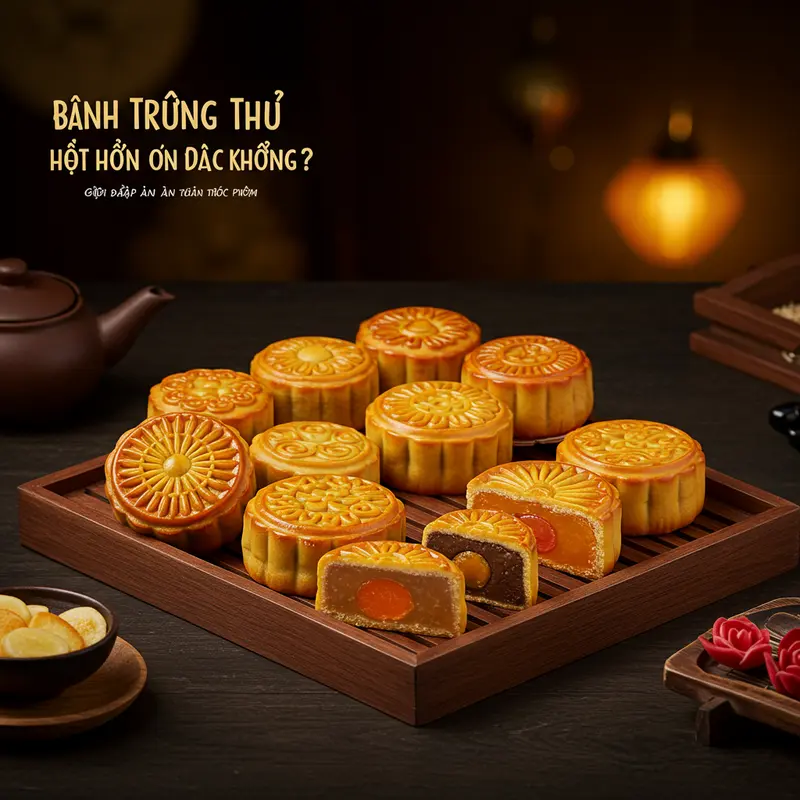 Bánh Trung Thu truyền thống nhiều loại được trình bày đẹp mắt trên khay gỗ