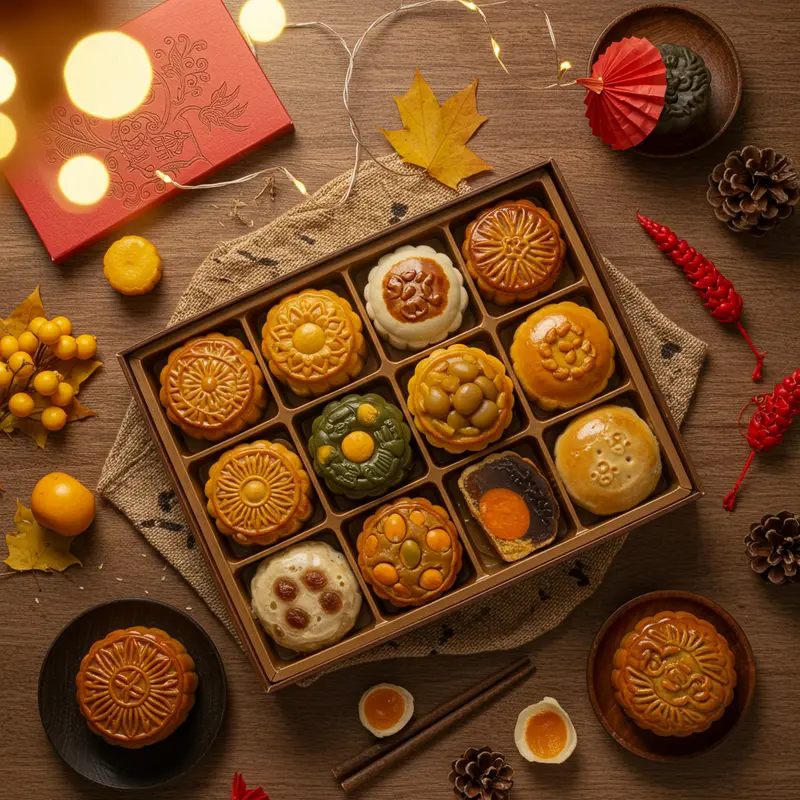 Quay chụp trực diện hộp bánh Trung Thu với nhiều loại nhân khác nhau, ánh sáng ấm áp, trang trí mùa thu
