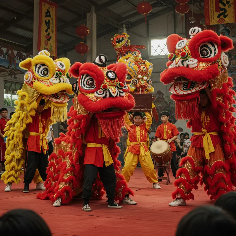 Múa lân truyền thống Việt Nam biểu diễn trong lễ hội sôi động.