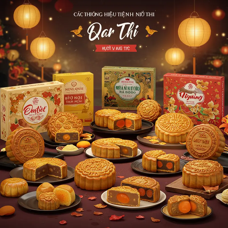 Hộp bánh Trung Thu nhiều loại và thương hiệu đặt trên bàn trang trí Trung Thu