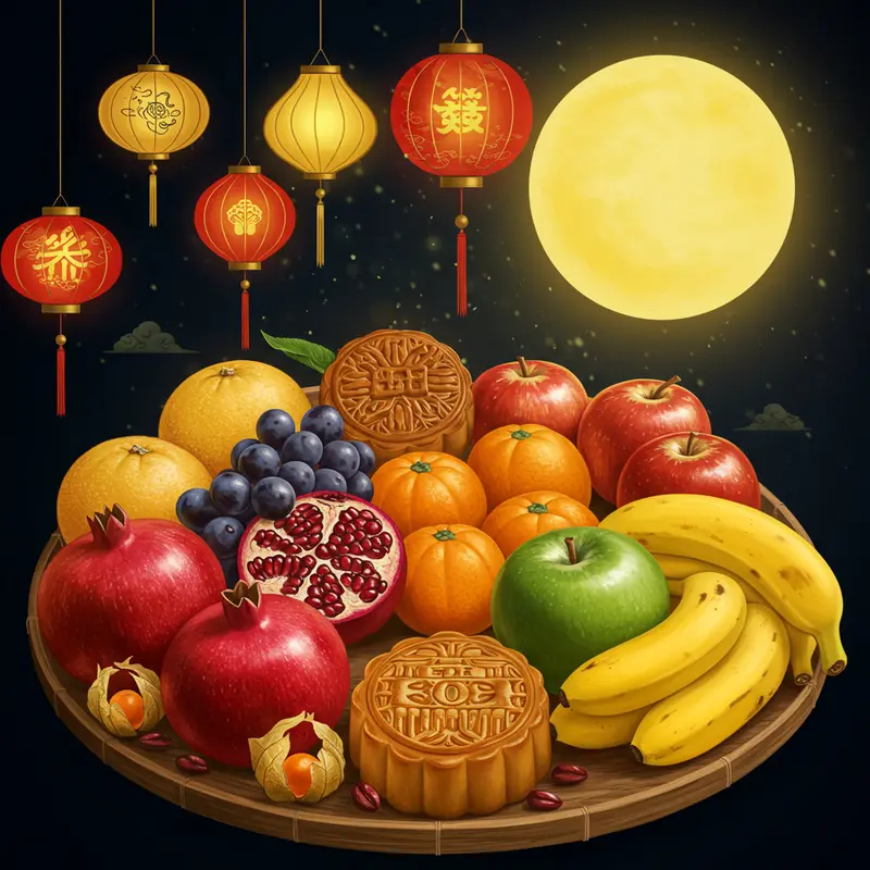 Mâm cỗ Trung Thu với các loại trái cây truyền thống và đèn lồng sáng tạo không khí ấm cúng.