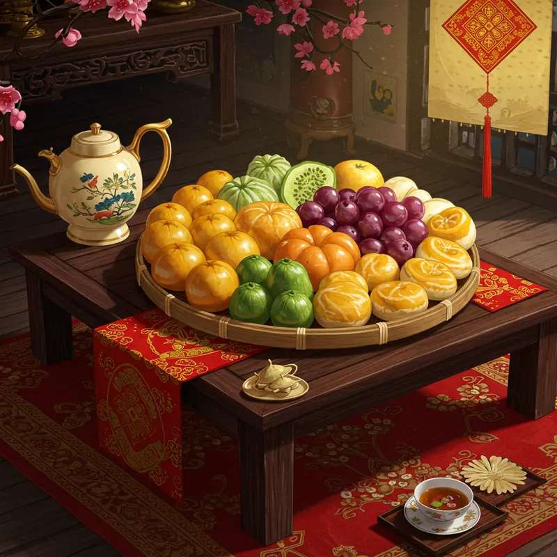 Mâm cỗ Trung Thu với các loại trái cây truyền thống và đèn lồng sáng tạo không khí ấm cúng.