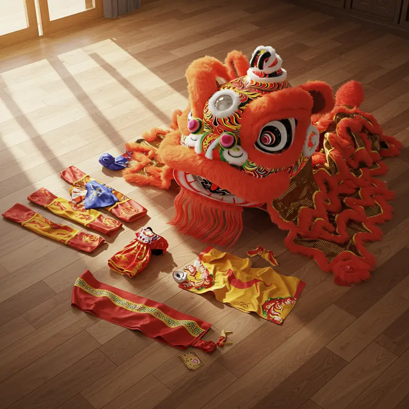 Các bộ phận cấu thành trang phục múa lân truyền thống.