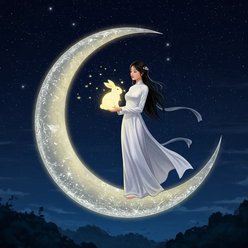 Bối cảnh làng cổ Việt Nam dưới ánh trăng tròn huyền ảo của truyền thuyết Chị Hằng và Hậu Nghệ