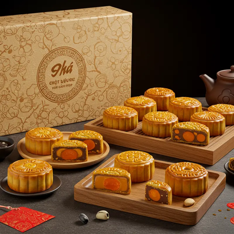 Hộp bánh Trung Thu cao cấp trong bối cảnh lễ hội Trung Thu truyền thống.