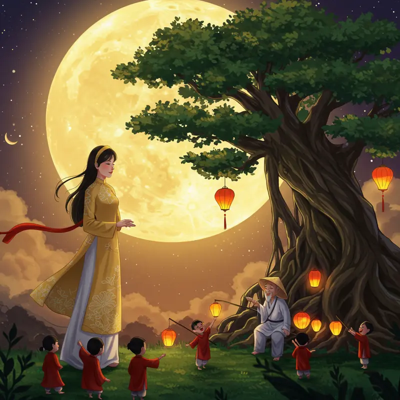 A stunning, high-definition image showing Chị Hằng and Chú Cuội on the moon, overseeing a vibrant Mid-Autumn Festival celebration on Earth.