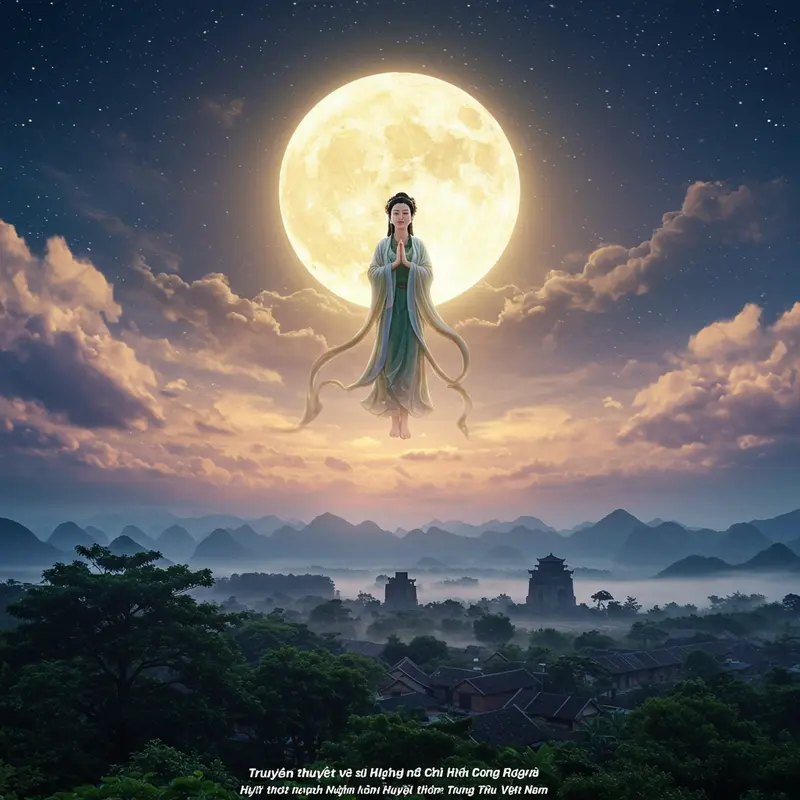 Bối cảnh làng cổ Việt Nam dưới ánh trăng tròn huyền ảo của truyền thuyết Chị Hằng và Hậu Nghệ