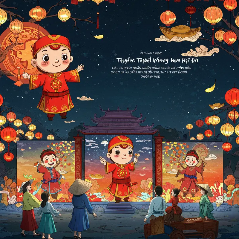 Bức tranh tượng trưng cho nguồn gốc truyền thuyết Chị Hằng với nguyệt quang và làng quê Việt Nam.