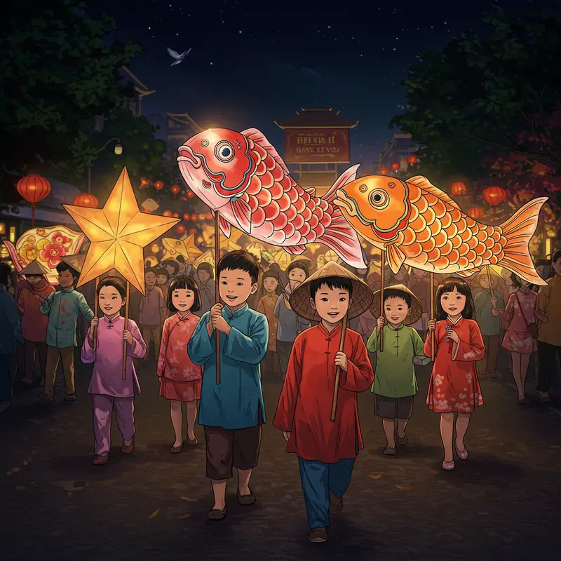 Gia đình Việt Nam vui Tết Trung Thu với đèn lồng và bánh Trung Thu trong không gian ấm áp