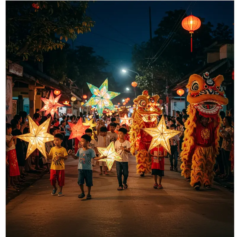 Gia đình Việt Nam đón Tết Trung Thu bên ánh trăng tròn với đèn lồng và bánh trung thu truyền thống.