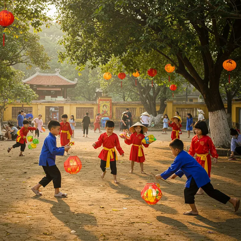 Gia đình Việt Nam vui Tết Trung Thu với đèn lồng và bánh Trung Thu trong không gian ấm áp