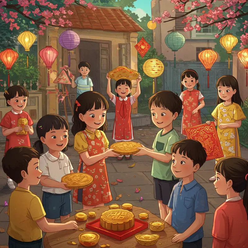 Gia đình Việt Nam đón Tết Trung Thu bên ánh trăng tròn với đèn lồng và bánh trung thu truyền thống.