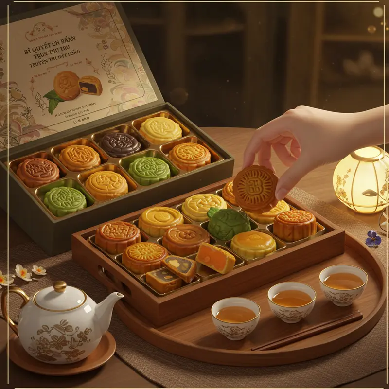 Mâm cỗ Trung Thu truyền thống với bánh nướng, bánh dẻo và hoa quả tươi ngon