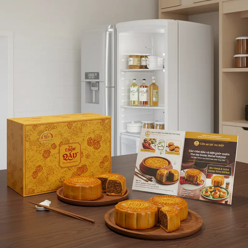 Hộp bánh Trung Thu cao cấp trong bối cảnh lễ hội Trung Thu truyền thống.