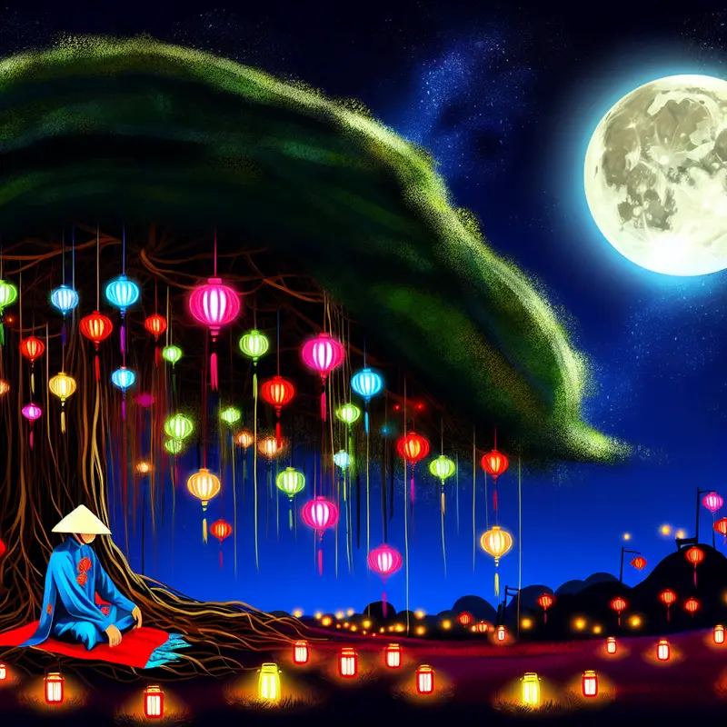 Chú Cuội sitting under a banyan tree on the moon with colorful Mid-Autumn lanterns.