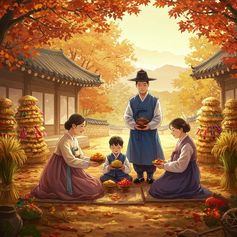 Gia đình Hàn Quốc thực hiện nghi lễ tổ tiên trong ngày Chuseok bên khung cảnh mùa thu.