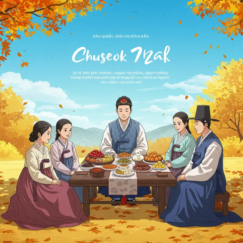 Gia đình Hàn Quốc mặc Hanbok tổ chức bữa tiệc Chuseok truyền thống ngoài trời vào mùa thu.