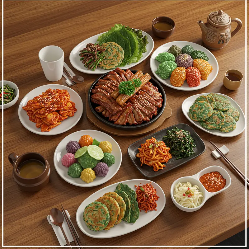 Gia đình Hàn Quốc thực hiện nghi lễ tổ tiên trong ngày Chuseok bên khung cảnh mùa thu.