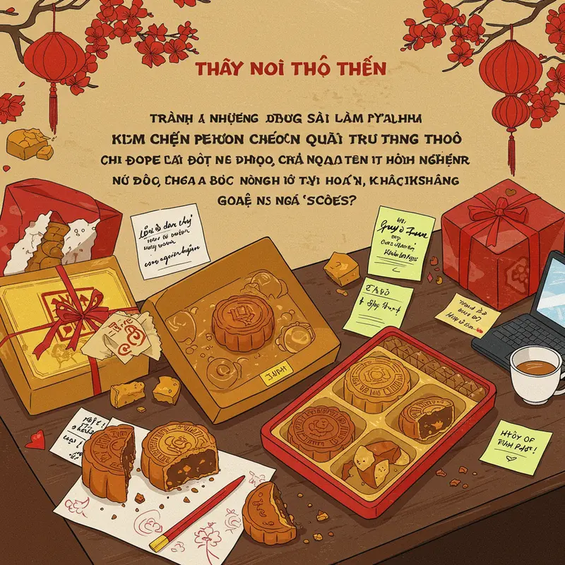 Bộ quà Trung Thu truyền thống với bánh trung thu, phong bao đỏ và đèn lồng.