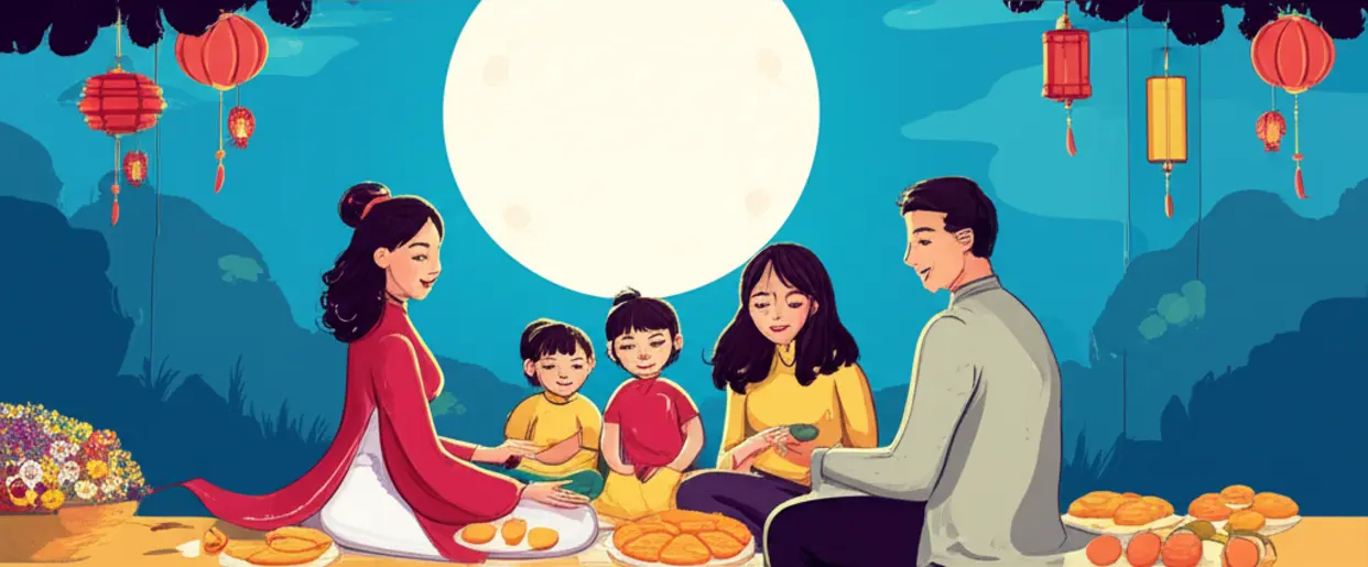 Bức tranh lịch sử về gia đình Việt Nam mừng Tết Trung Thu.