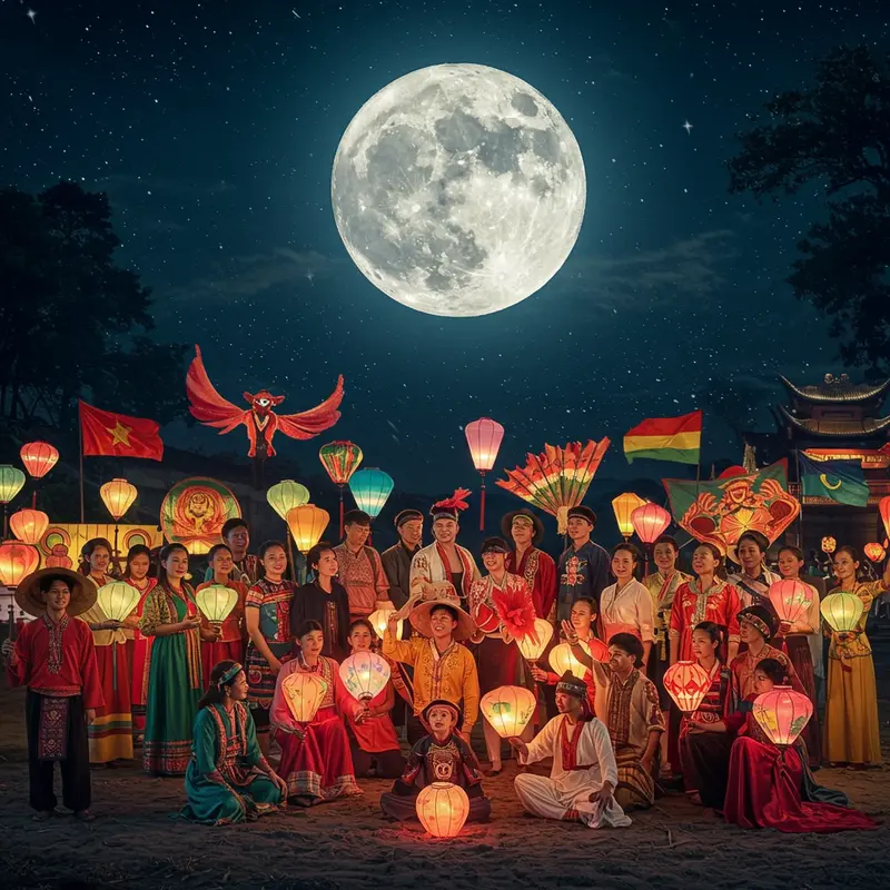 Dưới ánh trăng tròn, người dân mặc trang phục truyền thống từ nhiều quốc gia cùng tổ chức lễ hội đèn lồng