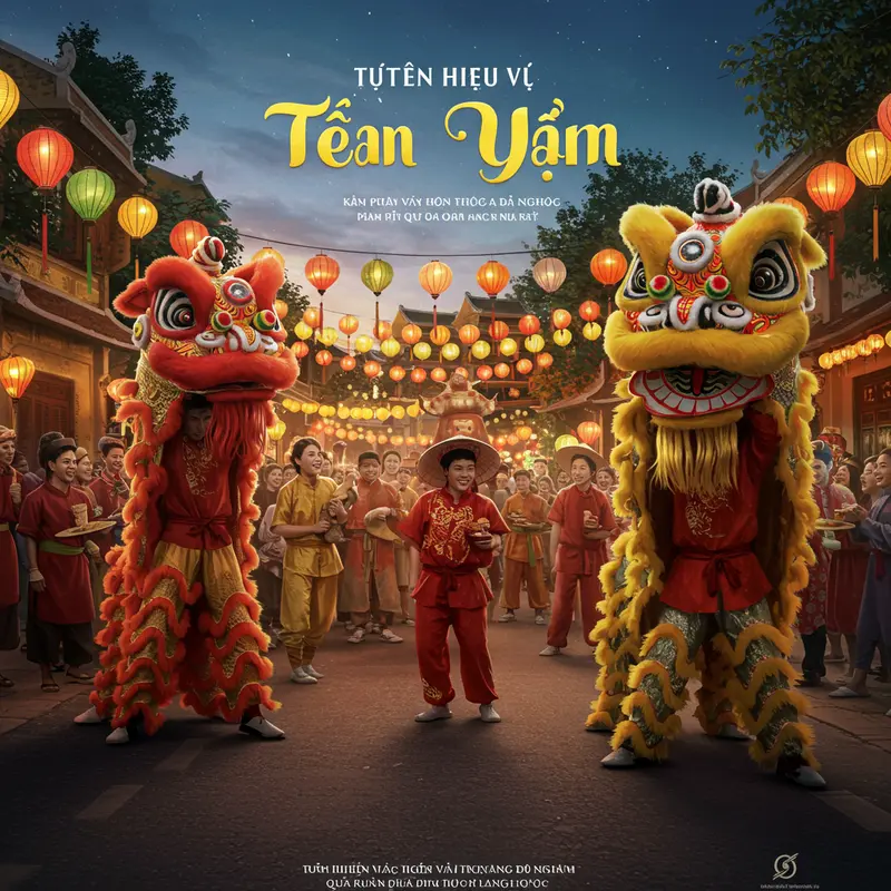 Biểu diễn múa lân truyền thống Việt Nam trên phố lễ hội với trang phục rực rỡ và khán giả tươi cười.