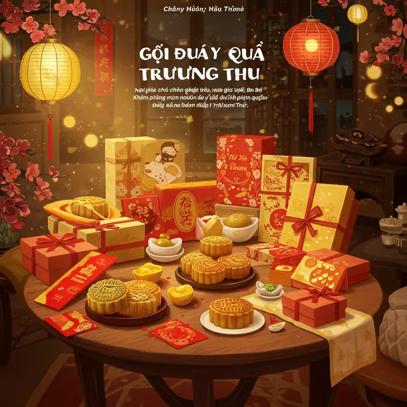 Bàn quà Trung Thu với bánh trung thu, đèn lồng và các hộp quà trong không gian gia đình ấm cúng