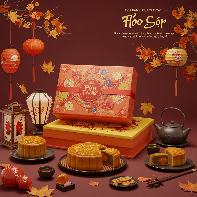 Hộp bánh Trung Thu cao cấp được trang trí tinh tế đặt trong không gian lễ hội Trung Thu với đèn lồng và bộ ấm trà.