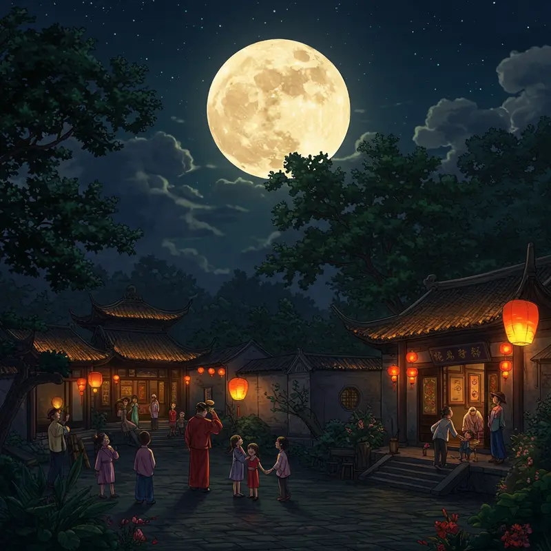 Hình ảnh lễ hội Trung Thu với gia đình Trung Quốc tụ họp ngoài trời dưới ánh trăng tròn và đèn lồng sáng rực