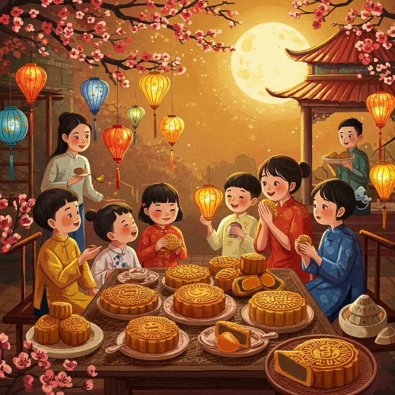 Cảnh lễ hội Trung Thu sinh động với trẻ em cầm đèn lồng và gia đình cùng thưởng thức bánh Trung Thu đa dạng