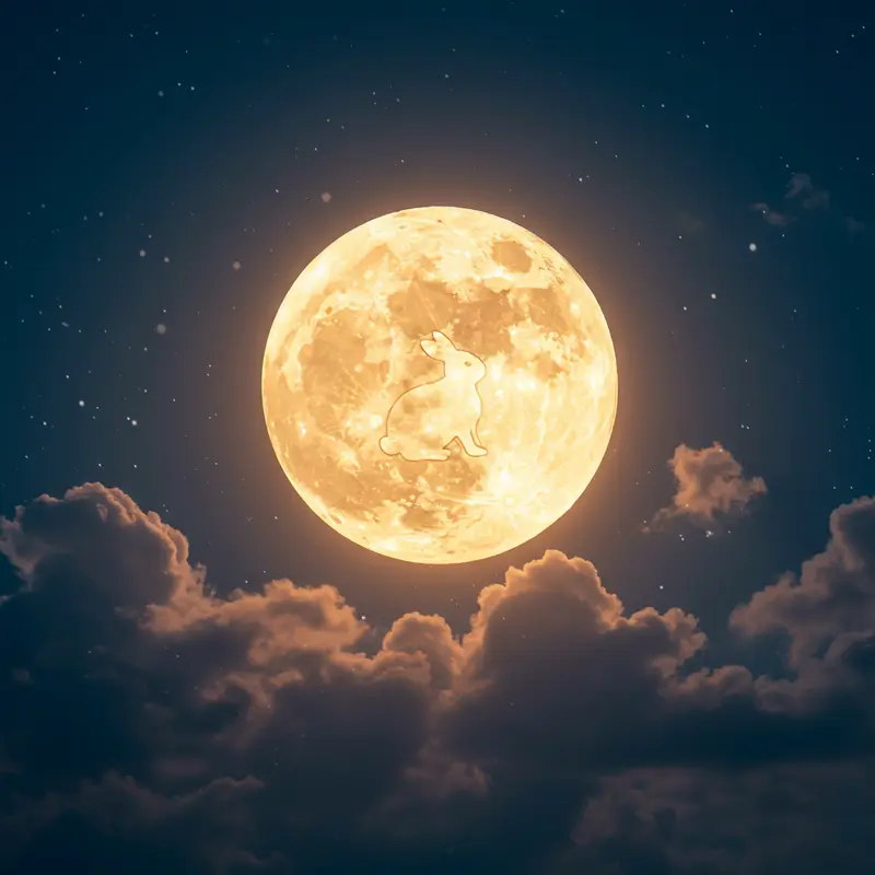 Ảnh mặt trăng tròn sáng rực với bóng hình Thỏ Ngọc trắng trên bề mặt, trong bầu trời đêm tĩnh lặng.
