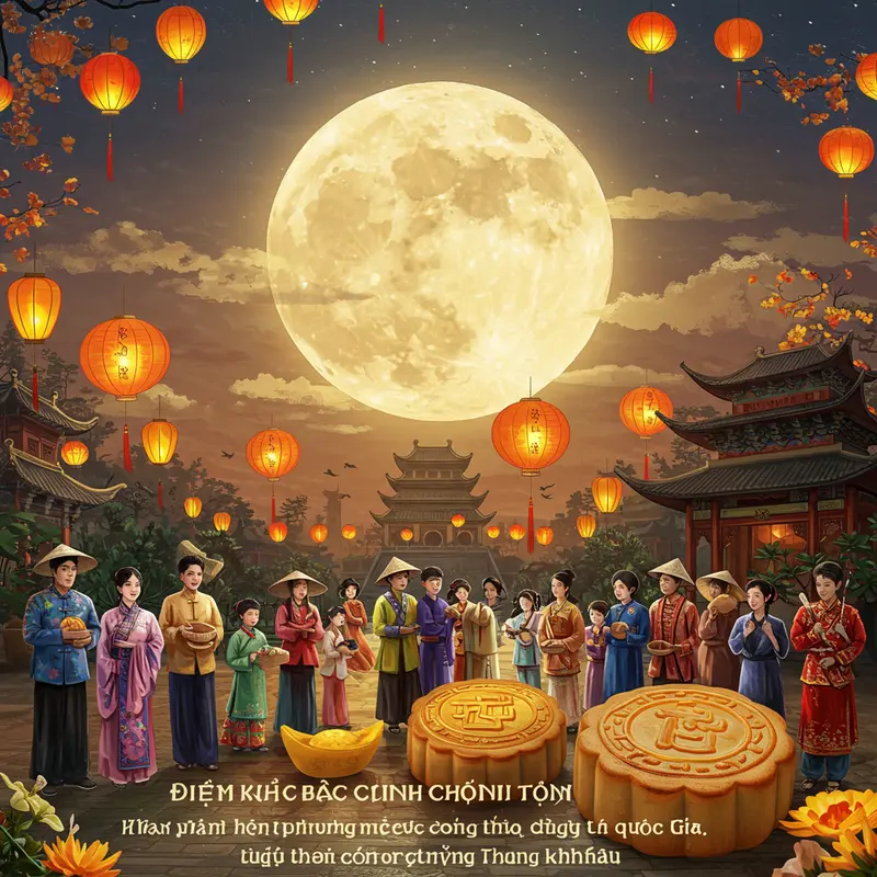 Cảnh quan lễ hội trung thu phong phú gồm đèn lồng màu sắc, bánh trung thu truyền thống và các gia đình trong trang phục dân tộc dưới ánh trăng tròn